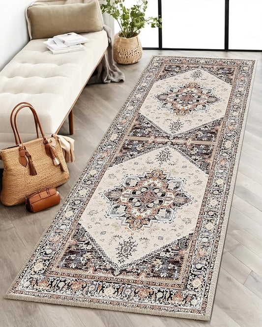 BESTSWEETIE 2x6 Area Rugs for Living Room Washable Non Slip Carpet Low Pile Soft Vintage Print Pattern Rug for Bedroom Dining Room Kitchen Entryway Indoor-Khaki/Beige/Purple/Black/Brick