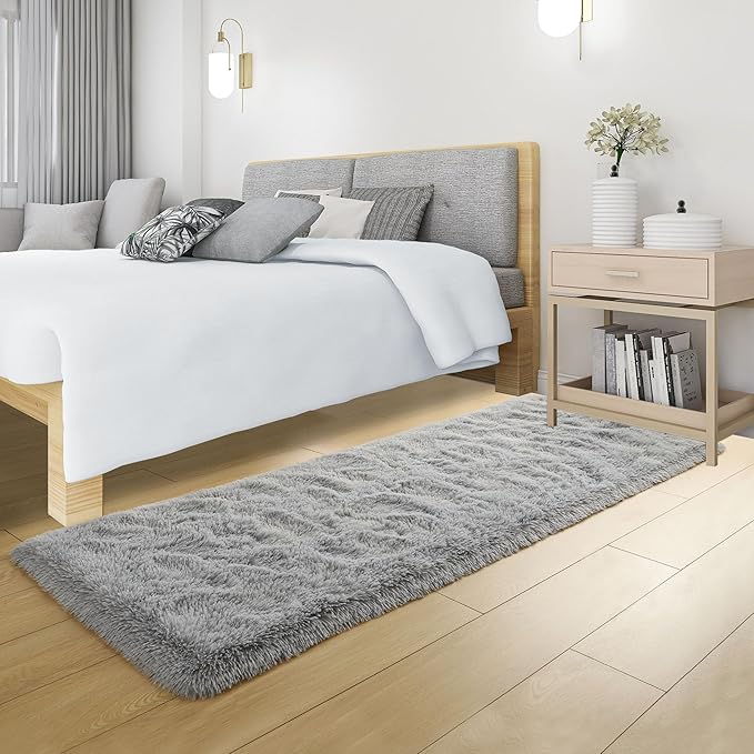 Tepook Soft Runner Rugs for Bedroom 2x6 ft with Rubber Backing, Grey Fluffy Rugs for Living Room, Shag Bedside Rug Fuzzy Plush Carpet for Room, Area Rug for Dorm Nursery Hallway Indoor Home Decor