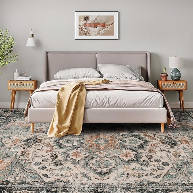 Washable Area Rug 8x10 - Living Room Farmhouse Vintage Oriental Rug Large Distressed Non-Slip Stain Resistant Carpet for Bedroom Dining Room Home Office (8x10 Sage Green/Orange)