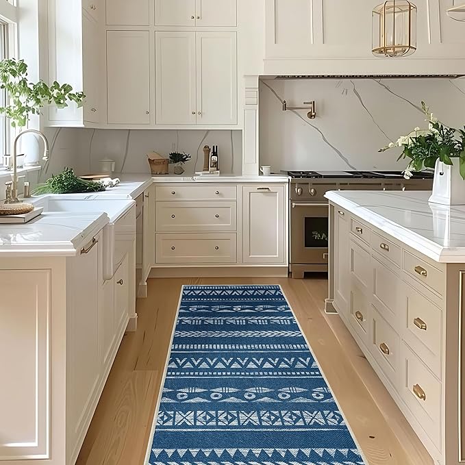 Runners for Hallways Kitchen Runner Rug Non Slip 2x10 Long Washable Runner Rugs Tear and Stain Resistance, Hand Woven Style, No Pile, Thin Rug for Hallways, Kitchen, Bedroom, Bathroom- Blue