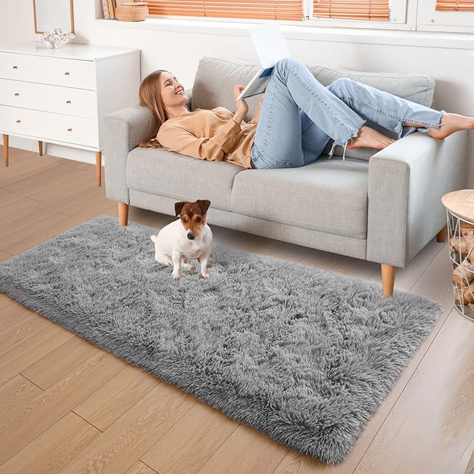 YJ.GWL Runner Rugs for Hallway, 2x4 Washable Small Grey Bedside Rugs for Living Room Bedroom, Soft Fluffy Shaggy Indoor Floor Carpet for Kids Boy and Girls Room Nursery Home Decor Aesthetic