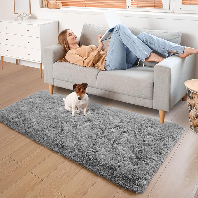 YJ.GWL Shag Runner Rug Non Slip for Bedroom Living Room Soft Small Rugs for Dorm, 2x6 Feet Grey Plush Carpet Runner for Nursery Dorm, Fuzzy Bedside Rug for Kids Boys Girls Room Home Decor