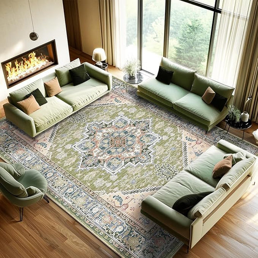 BESTSWEETIE 9x12 Area Rugs for Living Room Washable Non Slip Carpet Low Pile Soft Vintage Print Pattern Rug for Bedroom Dining Room Kitchen Entryway Indoor-Green/Light tan/Blue/Grey