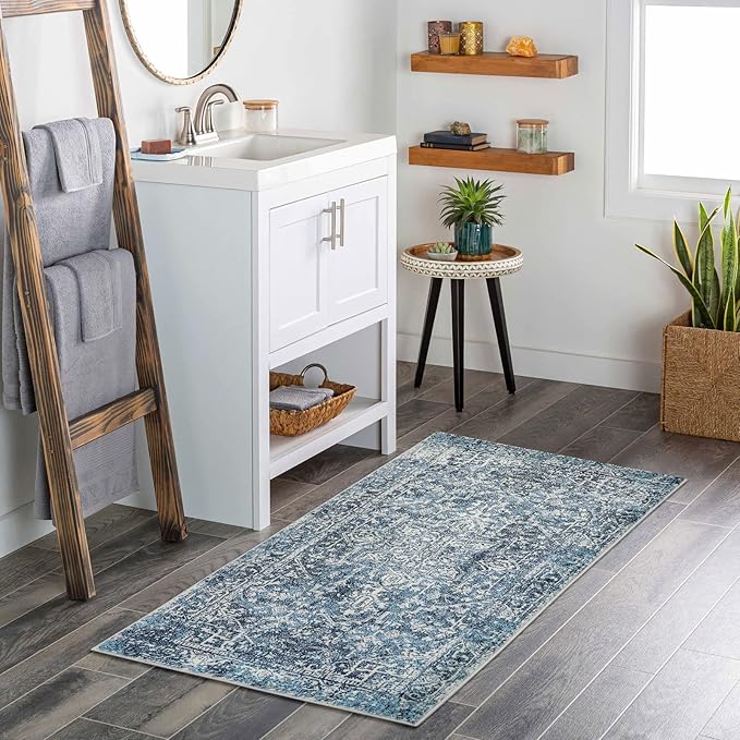 Morebes Boho Blue Rug for Bathroom 2x4.3, Washable Hallway Runner Rug Non Slip Soft Bath Mat, Vintage Medallion Low Pile Indoor Floor Carpets for Entrance Bedroom Kitchen