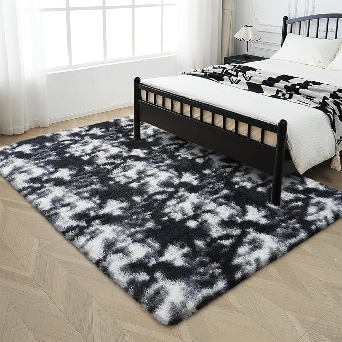 Fluffy Rug Shaggy Area Rug, Mottling Black 6x9 Area Rugs for Living Room, Large Shag Area Rugs for Bedroom Kids Room Home Decor, Upgrade Anti-Skid Rectangular Fuzzy Rugs