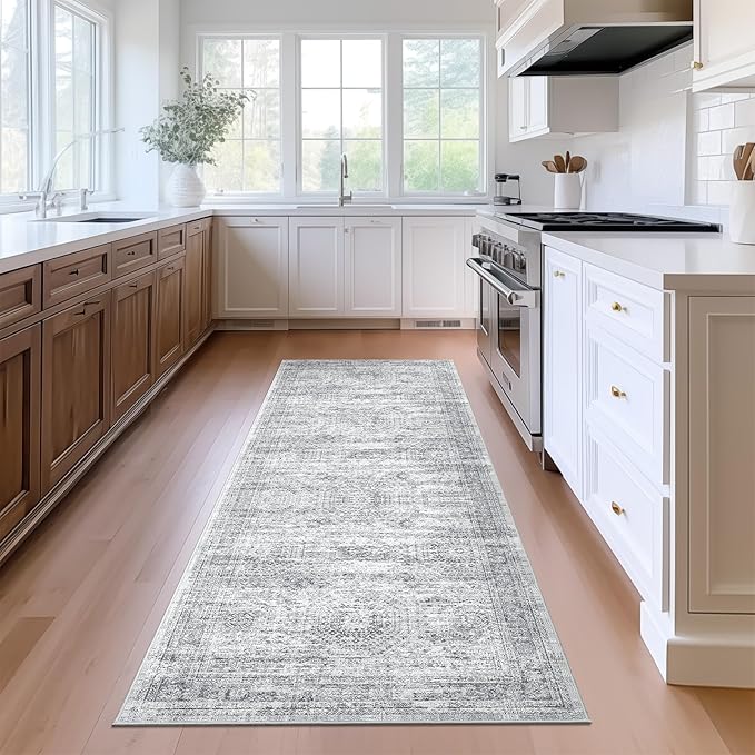 Runner Rug 2'x6' Washable Non-Slip Runner Rugs for Kitchen Bathroom Laundry Room Grey Vintage Floor Carpet Runners for Hallway Entryway