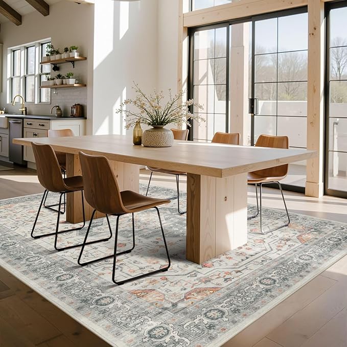 5X7 Washable Area Rug for Living Room, Vintage Neutral Large Boho Rugs for Office, Dining Room, Kids Room, Farmhouse, Low Pile Non Slip Carpet for High Traffic Areas, Taupe