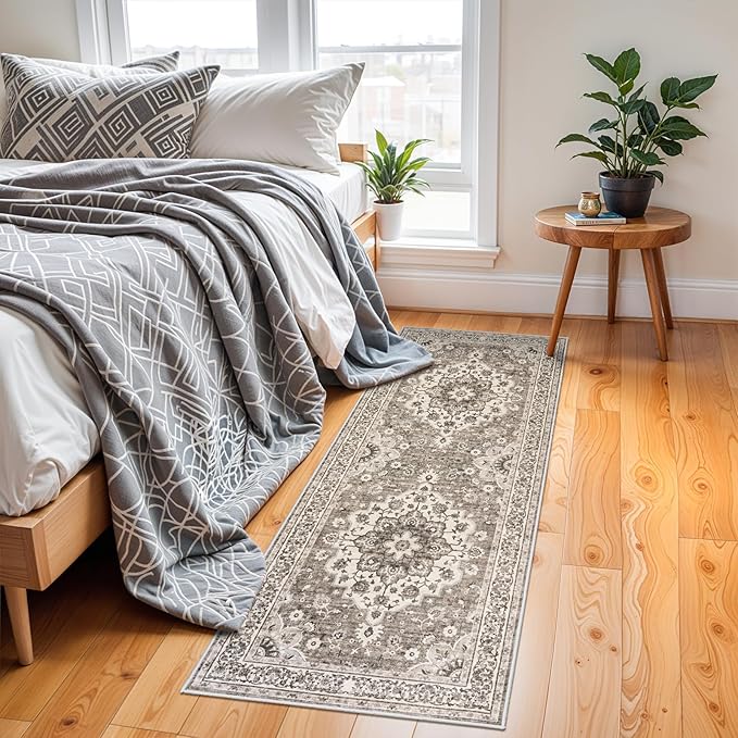 Washable Oriental Hallway Runner Rug - 2x6 Rugs for Living Room Soft Carpet for Bedroom Kitchen Waterproof Floral Distressed Indoor Stain Resistant Non-Shedding Floor Carpets (Beige, 2X6)