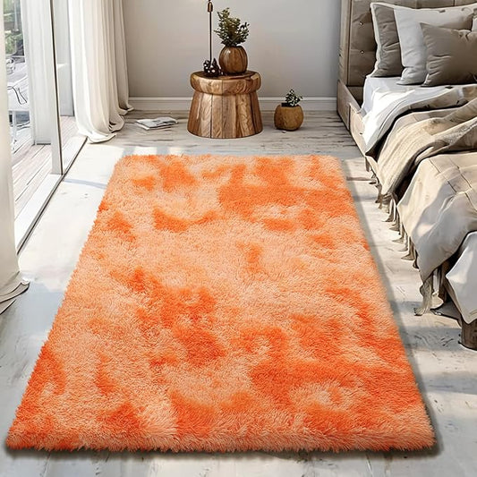 Mottling Orange Fluffy Rug Shaggy Area Rug, 3x5 Area Rugs for Girls Bedroom, Soft Cute Baby Play Mat, Indoor Floor Carpet for Teen, Nursery, Preppy Dorm, Plush Aesthetic Bedside Rug