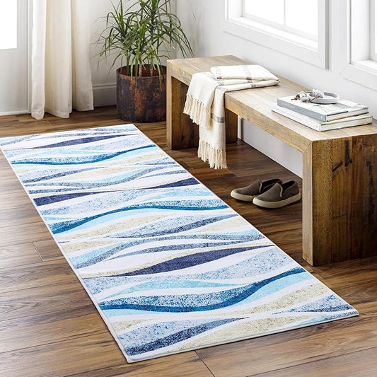 Carvapet Rugs for Hallway Laundry Bedroom, Modern Floral Low Pile Long Carpet with Rubber Backing, Foldable, Non Slip Machine Washable (6 x 2 Feet Rectangular, Blue Runner Rug)