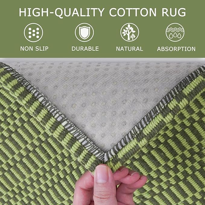 KOZYFLY Washable Runner Rug 2x8 Ft Runners for Hallway Rubber Backed Kitchen Runner Rugs Braided Cotton Entryway Runner Indoor, Carpet Runners for Hallway Entryway Bedroom, Green