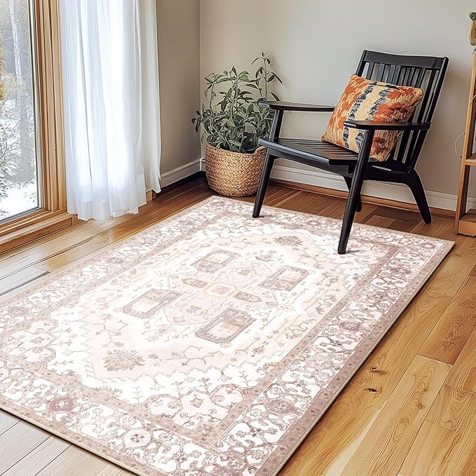 Washable 6x9 Area Rugs, Rugs for Living Room, Low-Pile Water&Stain Resistant Carpet Vintage Distressed Printed Non-Slip Carpet for Bedroom Bathroom Kitchen-Pink