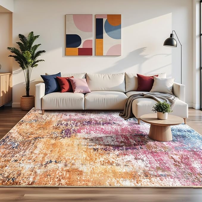 Washable Abstract Rug, 8x10 Modern Area Rugs with Non-Slip Rubber Backed for Living Room, Thin but Soft Contemporary Carpet Kitchen Bedroom Dining Room Decor, Galaxy