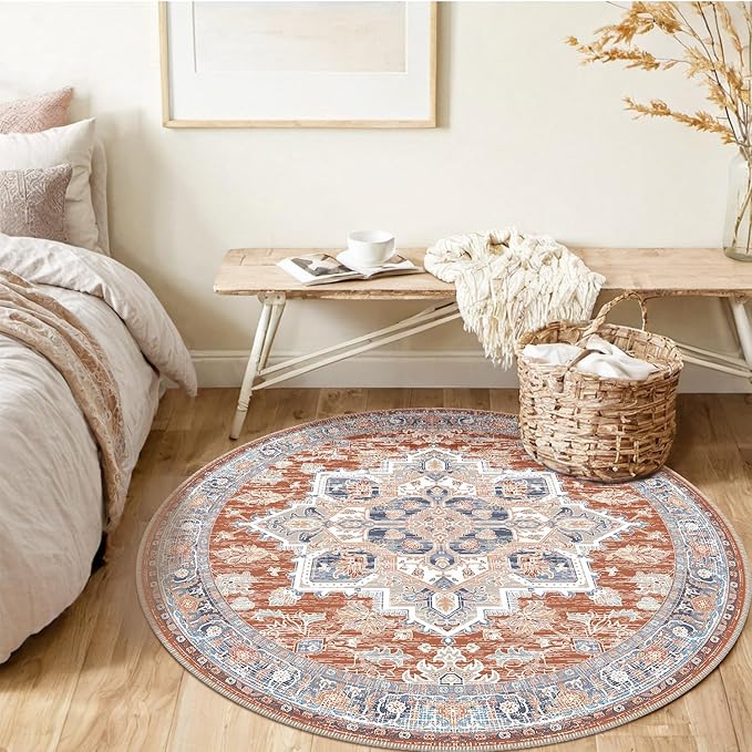 BESTSWEETIE 4ft Area Rugs for Living Room Washable Non Slip Carpet Low Pile Soft Vintage Print Pattern Rug for Bedroom Dining Room Kitchen Entryway Indoor-Brick/Blue/Light Ivory