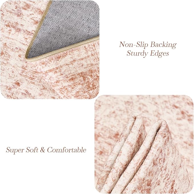 Washable Area Rug 8x10, Large Soft Rugs for Living Room Vintage Area Rugs for Bedroom Dining Room Non-Slip Stain Resistant Pink Rug Under Table Rug