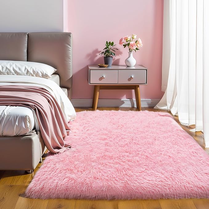 Thick Area Rug 5x8 Pink Fluffy Fuzzy for Girls Bedroom, Washable Plush Pastel Big Rugs for Living Room, Modern Soft Shag Shaggy Furry Thickened Toddler Nursery Kids Dorm Room Carpet