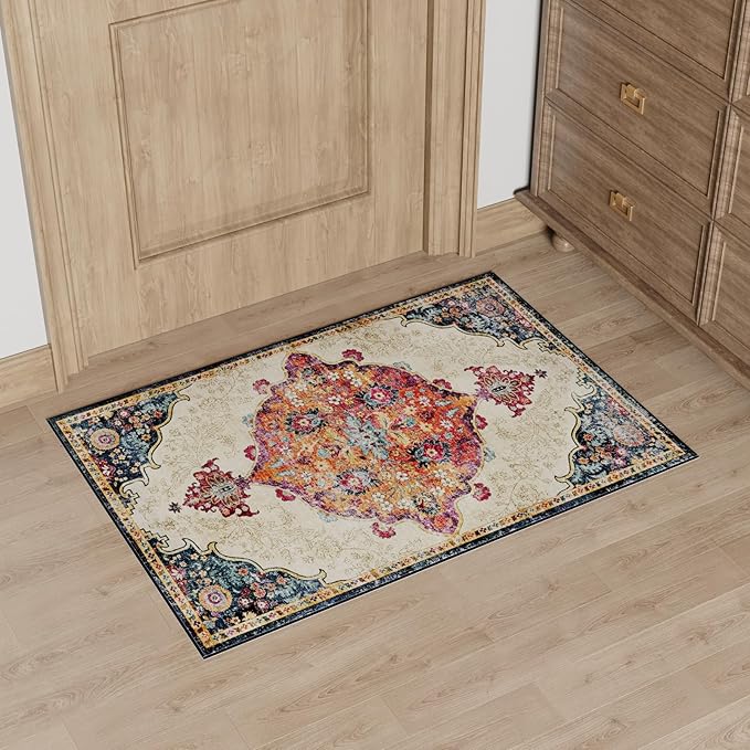 Dripex 2x3 Area Rugs, Machine Washable Non Slip Boho Rugs,Distressed Small Entryway Rug Doormat, No Pile Lightweight Vintage Rug, Floor Carpet for Indoor Front Entrance Kitchen Bathroom,Red and Beige