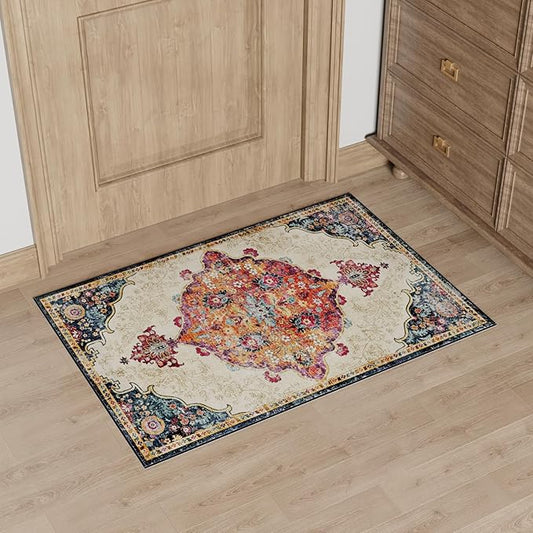 Dripex 2x3 Area Rugs, Machine Washable Non Slip Boho Rugs,Distressed Small Entryway Rug Doormat, No Pile Lightweight Vintage Rug, Floor Carpet for Indoor Front Entrance Kitchen Bathroom,Red and Beige