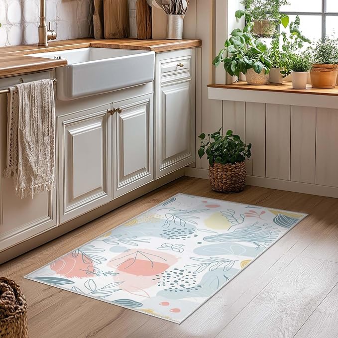2x3 Entryway Rug Boho Minimalist Botanical Leaf Small Area Rug Thin Carpet Bathroom Non Slip Indoor Entrance Low Pile Door Mat Kitchen Stain Resistant Washable Machine
