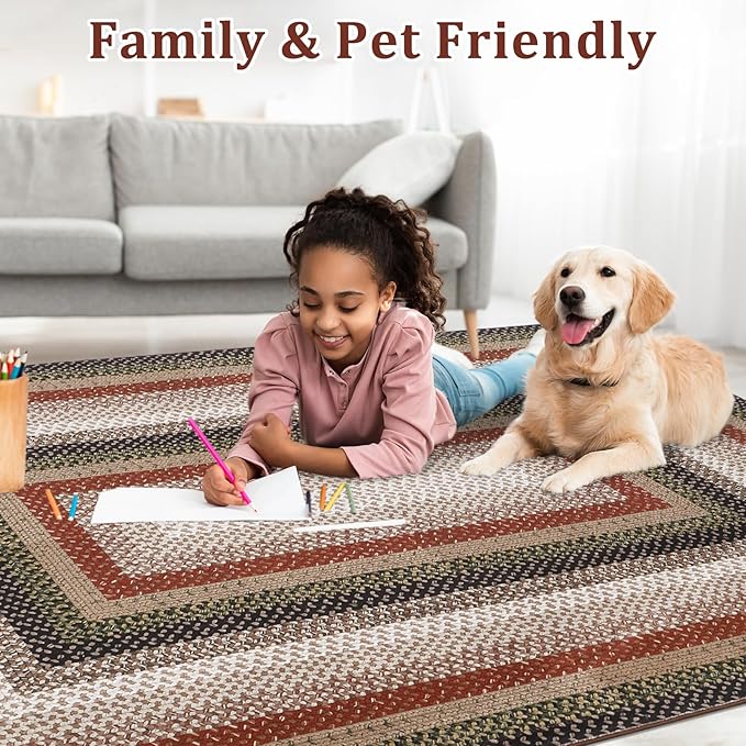 Imitation Braided Collection-Print Washable Area Rugs 10x13 Living Room Rug Modern Bedroom Rug Farmhouse Soft Large Area Rug Non Slip Throw Rugs Stain Resistant Carpet for Nursery Dining Room