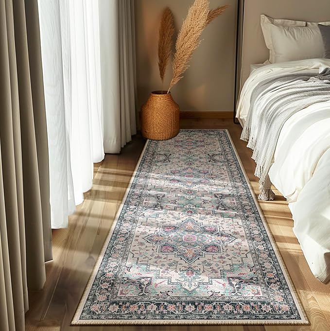 BESTSWEETIE 2x3 Area Rugs for Living Room, Washable Ultra Soft Boho Vintage Print Pattern Rug Non Slip Low Pile Carpet for Dining Room Bedroom Entryway Indoor-Multi/Blue/Beige/Pink