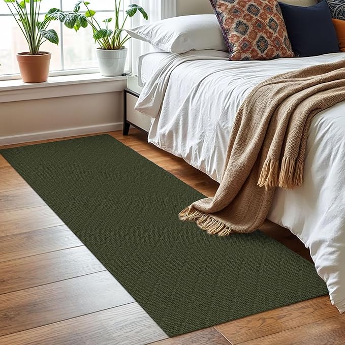 KOZYFLY Runner Rug 2x6 Ft Washable Runners for Hallways Non Slip Rubber Backed Kitchen Runners, Cotton Entryway Runner Indoor, Floor Carpet for Hallway Kitchen Entryway Bedroom, Dark Green