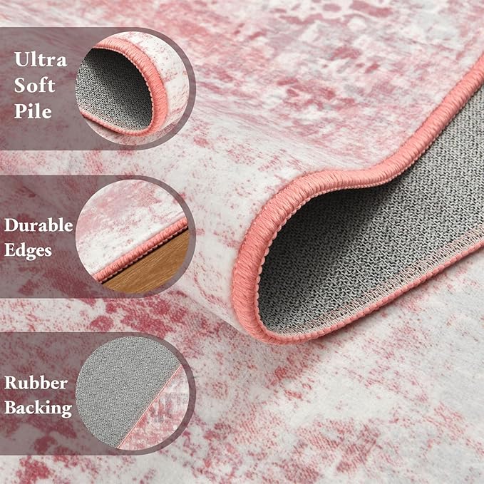 Washable Abstract Rug, 5x7 Modern Area Rugs with Non-Slip Rubber Backed for Living Room, Thin but Soft Contemporary Carpet Kitchen Bedroom Dining Room Decor, Pink
