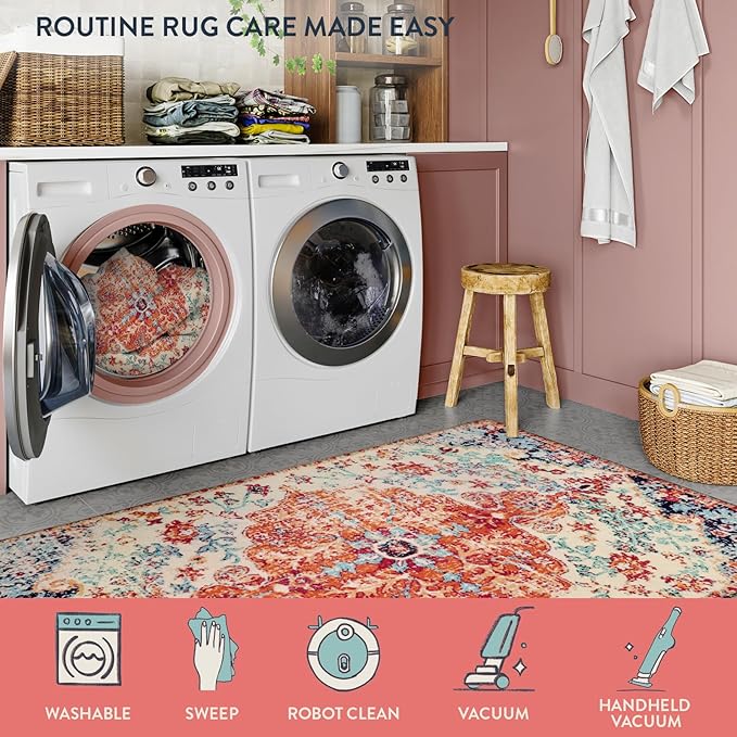 Lahome Bohemian Floral Medallion Area Rug - 4x6 Oriental Distressed Bedroom Rug Country Vintage Faux Wool Indoor Throw Mat Non-Slip Washable Low-Pile Carpet for Bathroom Living Kitchen Laundry Room