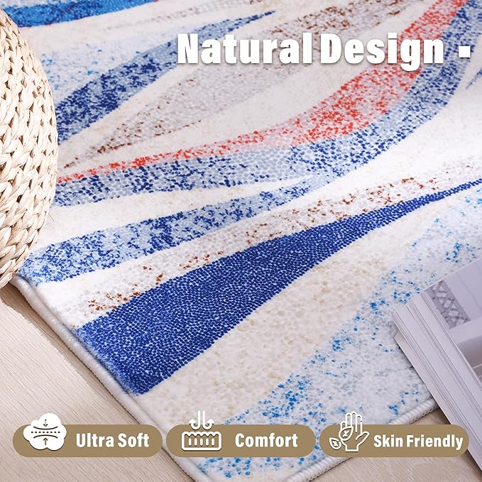 Carvapet Runner Rugs for Hallway Laundry Bedroom, Modern Low Pile Long Carpet with Rubber Backing, Foldable, Non Slip Machine Washable (6 x 2 Feet Rectangular, Orange/Blue Runner Rug)