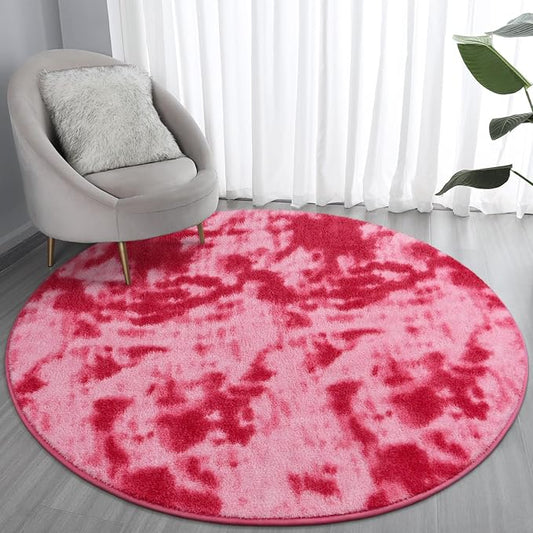 Lascpt Round Rug for Bedroom 4x4, Tie-Dyed Pink Circle Rug for Living Room Super Soft Thicken Memory Foam Circular Rug, Indoor Area Rug for Modern Home Decor, Round Carpet for Nursery Kid's Room