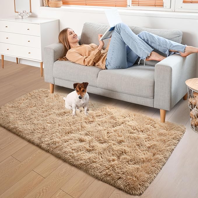 YJ.GWL Fluffy Runner Rugs for Bedroom Living Room Soft Shag Rug 2x6 Feet, Beige Plush Carpet Non Slip for Nursery Dorm, Fuzzy Bedside Rug for Kids Boys Room Home Decor
