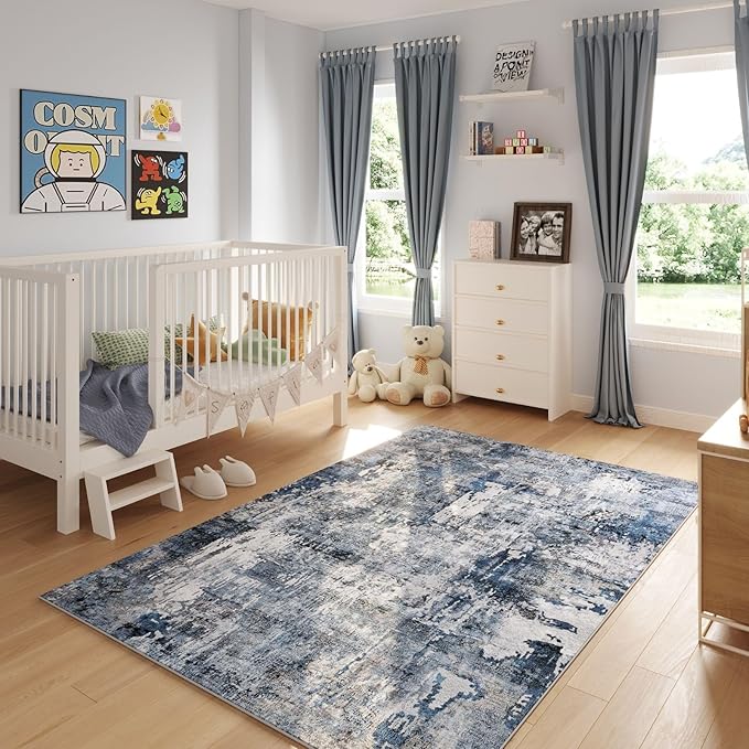 4x6 Rug Washable Boho Soft Area Rug Abstract Pattern Non-Slip Faux Wool Vintage Rug for Living Room, Bedroom Rug, Farmhouse, Dining Room, Indoor, Kids Playroom, Blue