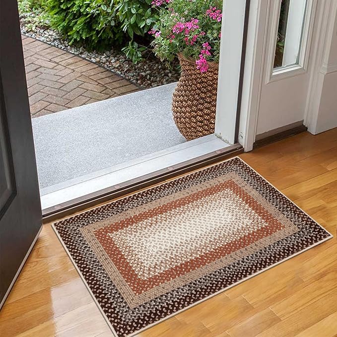 Imitation Braided Collection-Print Washable Area Rugs 2x8 Carpet Runner with Non-Slip Backing, Contemporary Bordered Hallway Rug, Farmhouse Low Pile Floor Cover for Kitchen, Laundry, Bedroom