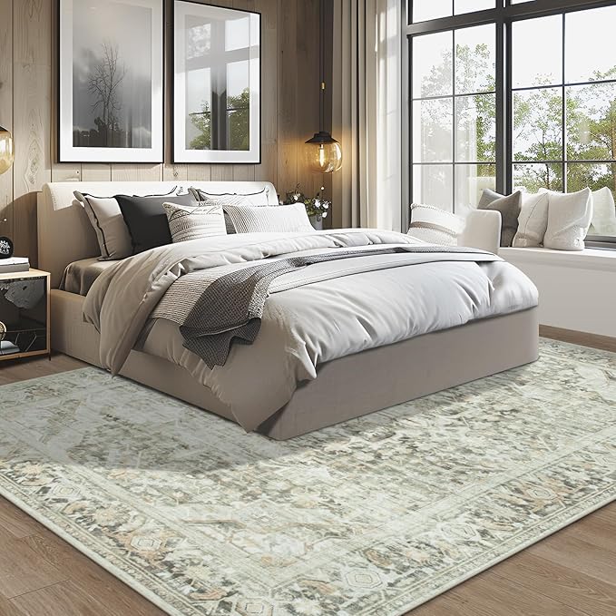 Washable Rugs 8x10 Area Rugs, Soft Vintage Living Room Rug with Anti-Skid Backing Stain Resistant Thin Indoor Carpet Large Area Rug for Bedroom Under Dining Room Table Nursery Entryway-Brown/Green