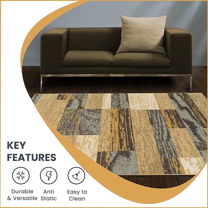 Superior Indoor Runner Rug, Jute Backed, Modern Geometric Patchwork Floor Decor for Bedroom, Office, Living Room, Entryway, Hardwood Floors, Rockwood Collection, 2' 7" x 8', Light Blue-Beige