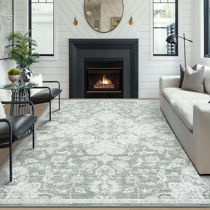 Washable Rugs 8x10 Area Rugs, Soft Vintage Living Room Rug with Anti-Skid Backing Stain Resistant Thin Indoor Carpet Large Area Rug for Bedroom Under Dining Room Table Nursery Entryway-Gray/Ivory
