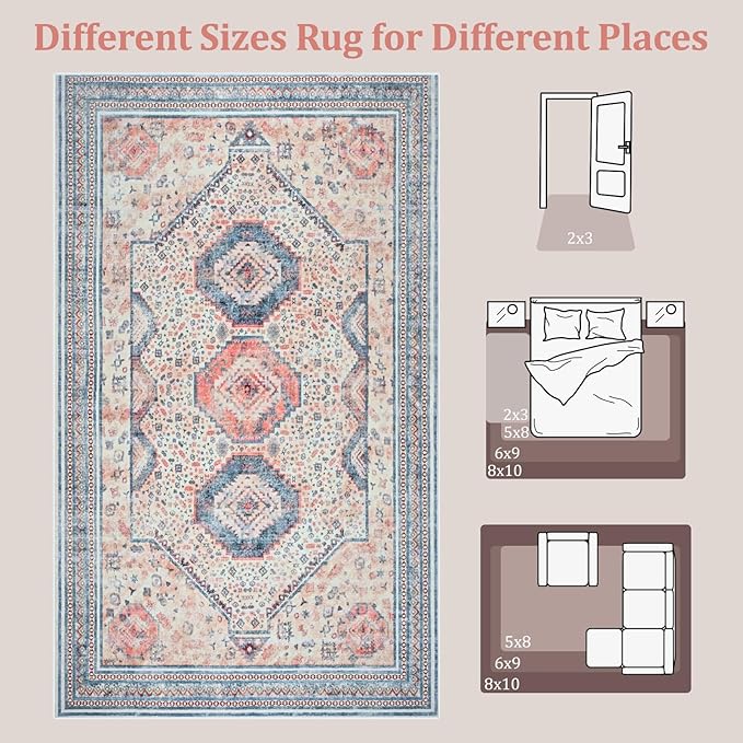 Maxsoft 5X8 Area Rug,Vintage Machine Washable Rugs for Living Room, Soft Non-Slip Low Pile Rug, Stain Resistant Rugs for Kitchen, Bedroom, Dining Room,Laundry Room,Nursery (Light Orange)