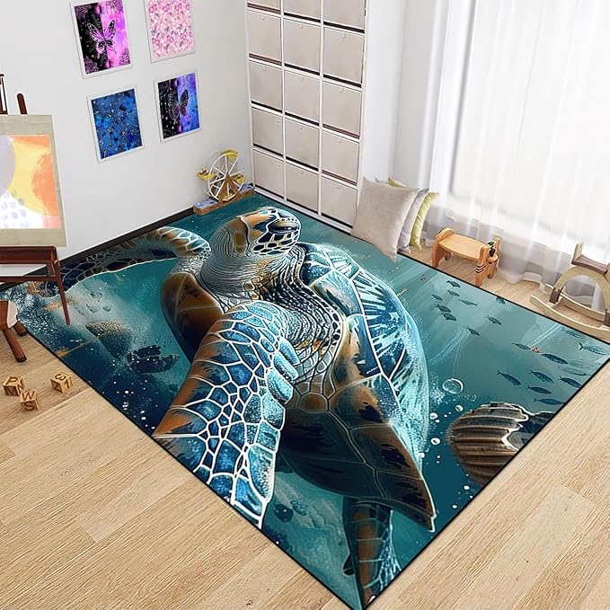 Sea Turtle Coastal Rugs - Kids Sea Turtle Rugs for Bedroom Ocean Life Theme, 3'×5'