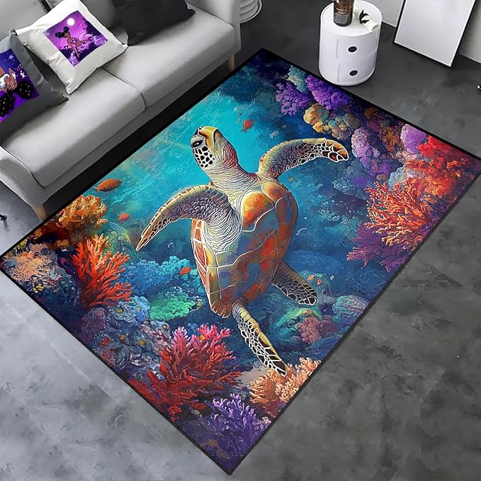 Sea Turtles Rug - Sea Turtle for Kids Boys Coastal Rugs for Bedroom Coral Ocean Life Theme Decor Ocean Carpet Rug, 4x5 Feet