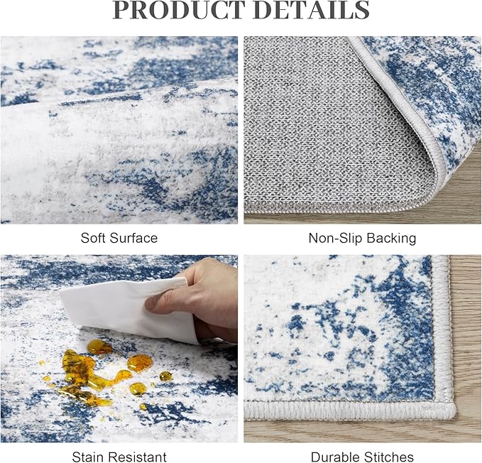 Runner Rug 2'6''x8' Washable Runner Rug: Machine Washable Kitchen Area Rug with Anti-Slip Backing Non-Shedding Stain-Resistant Long Soft Carpet Runner for Hallway, Bedroom, Laundry Room-Gray/Blue