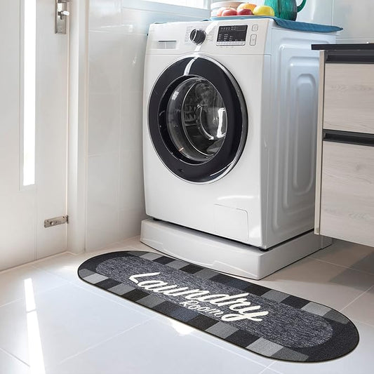 Machine Washable Checkered Border Laundry Room Rug Non-Slip Rubberback 2x5 Laundry Runner Rug for Laundry Room, Bathroom, Washroom, 20" x 59" Oval, Black