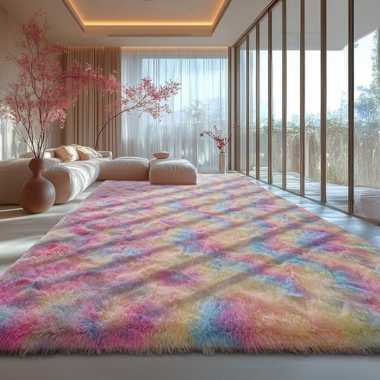 Zentavio Unicorn Rugs for Girls Room 9x12 Area Rugs for Living Room Carpet for Bedroom Washable Soft Fluffy Shag Aesthetic Plush High Pile Rug for Nursery Kids Room Dorm Room Rainbow