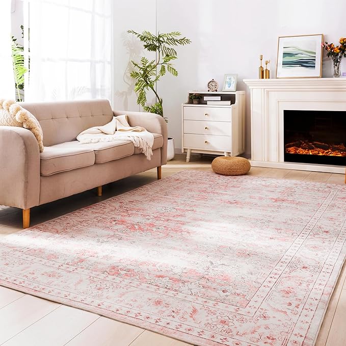 Carvapet Pink Rugs for Living Room Bedroom, Vintage Low Pile Large Carpet with Rubber Backing, Foldable, Non Slip Machine Washable (9 x 6 Feet Rectangular, Pink Area Rug)