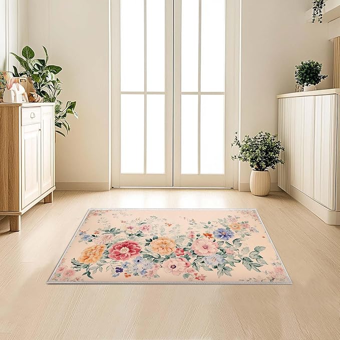 2x3 Entryway Rugs Machine Washable Area Rug Pink Blue Red Yellow Floral Boho Botanical Leaf Flower Rug Non-Slip Low Pile Door Mat Entrance Small Carpet for Home Kitchen Bathroom Bedroom