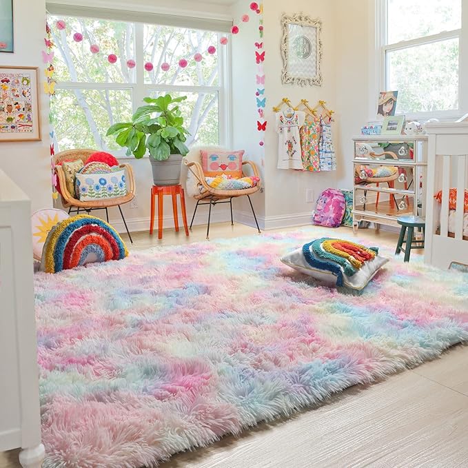 RUGTUDER 5x8 Rainbow Colorful Area Rugs for Girls Bedroom, Kawaii Princess Shaggy Rugs for Kids Playroom, Plush Soft Cute Baby Nursery Carpet, Toddler Girl Room Decor, Home Decor Aesthetic