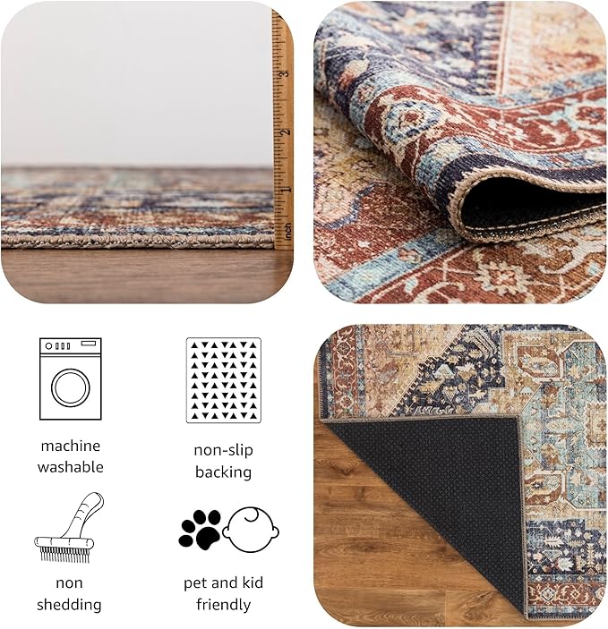 Keen Home Design 2x12 Rug - Machine Washable Runner Rug with Non-Slip Backing, Ideal for Hallway, Entryway, Kitchen, Laundry Room - Vintage, Easy Clean, Durable, Low Pile Rug - (2'6" x 12')