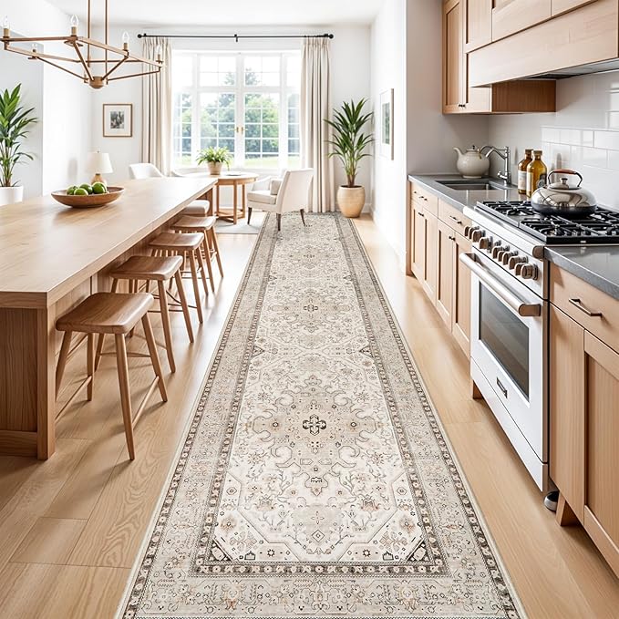 Runner Rug 3x14 - Non Slip Runners for Hallway Washable Oreiental Neutral Entryway Rugs with Rubber Backing Long Indoor Farmhouse Floor Mat Kitchen Soft Low Pile Stain Resitant Thin Carpet 3x14 Ivory