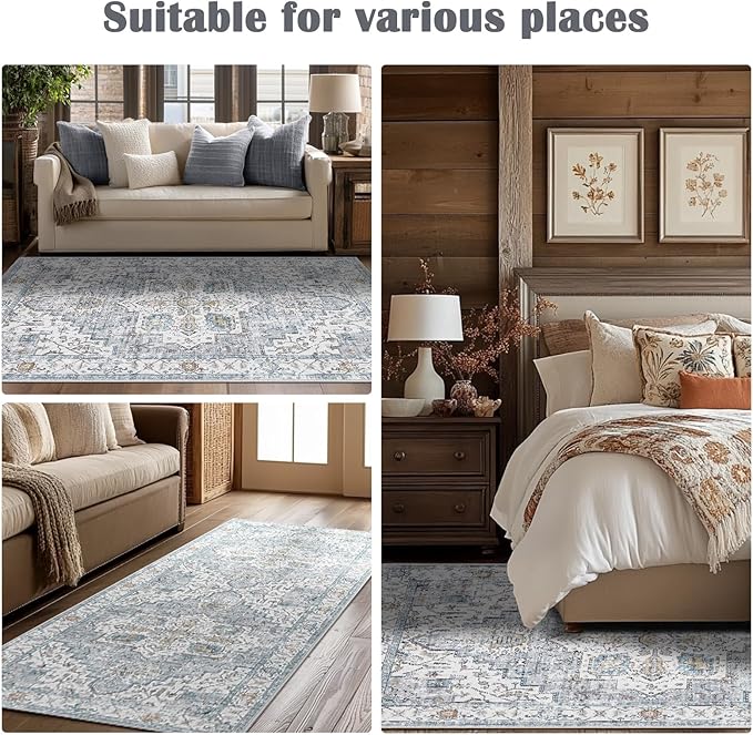 jinchan Hallway Runner Rug 2x10 - Kitchen Machine Washable Vintage Floral Non-Slip with Rubber Backing Ultra-Thin Carpet for Bedroom Laundry Room Living Room (2x10ft,Grey/Blue)