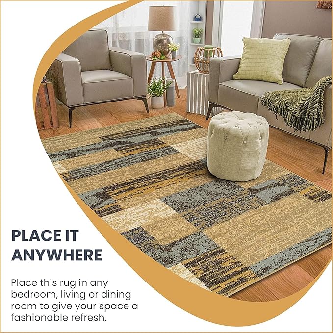 SUPERIOR Indoor Runner Rug, Jute Backed, Modern Geometric Patchwork Floor Decor for Bedroom, Office, Living Room, Entryway, Hardwood Floors, Rockwood Collection, 2' 7" x 12', Light Blue-Beige