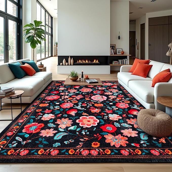Area Rugs for Living Room6x8 Non-Slip Carpet Washable Boho Rug Vintage Low Pile Carpet Print Home Rugs for Bedroom Kids Room Playroom Dining Room Home Office Farmhouse,Dark Black
